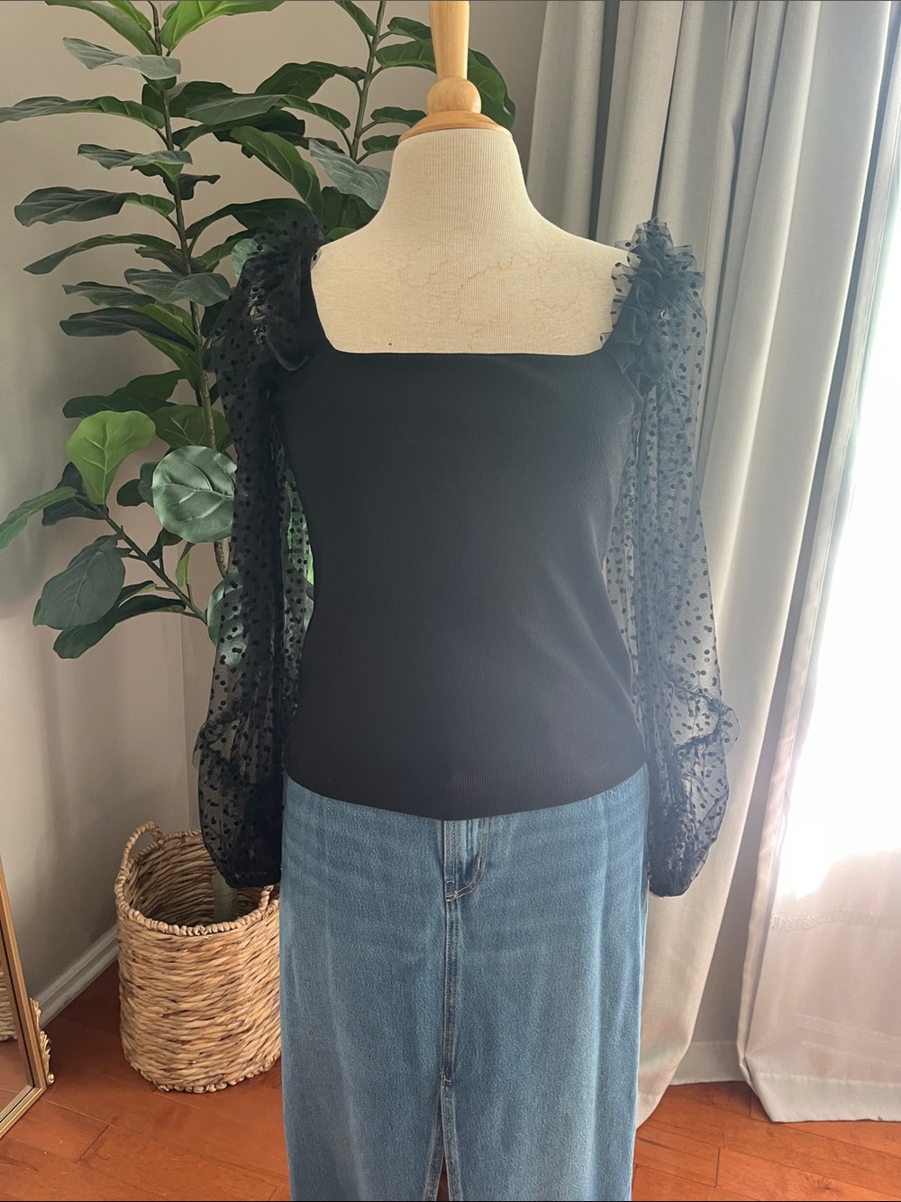 LOFT Black Polka Dot Sheer Sleeve Blouse